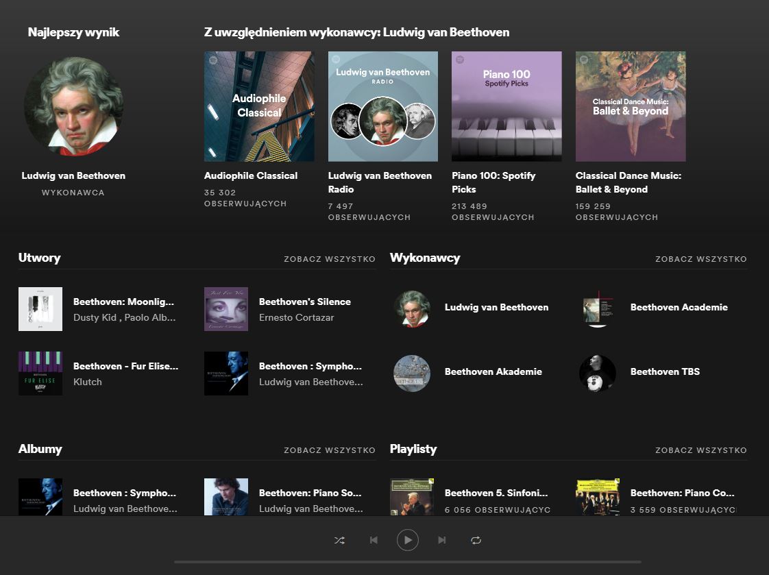 Spotify wyniki wyszukiwania Beethoven