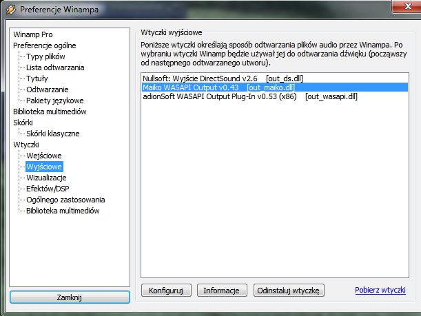 Winamp - wybór wtyczki wyjściowej.